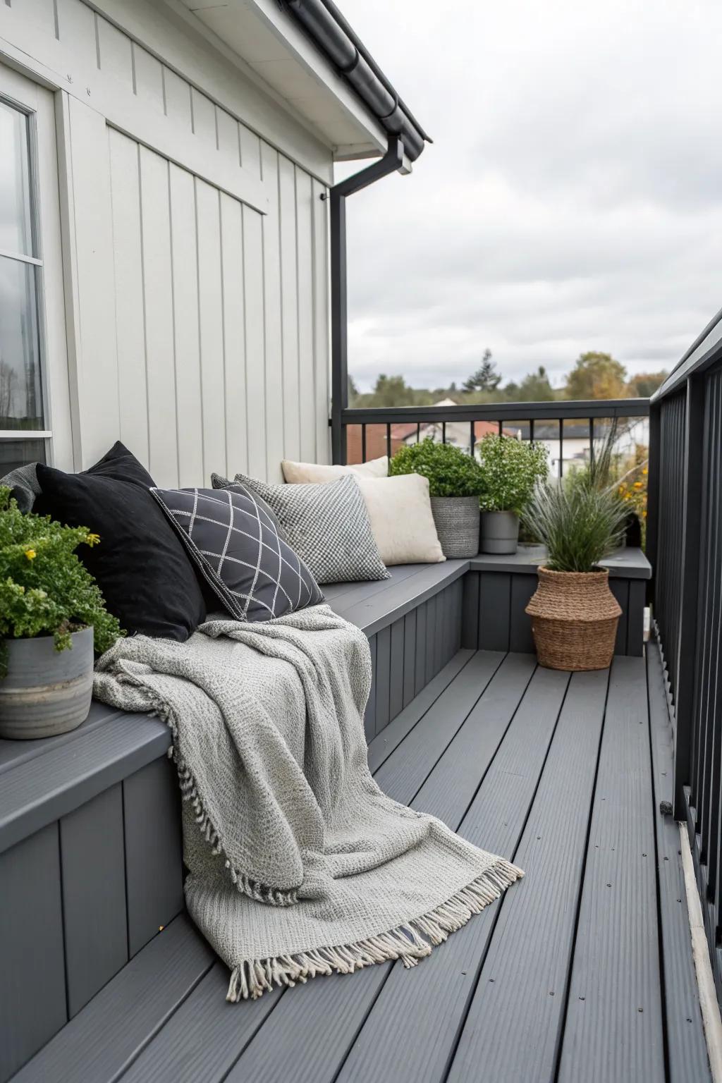 A cozy corner nook on a grey deck, ideal for relaxation and comfort.
