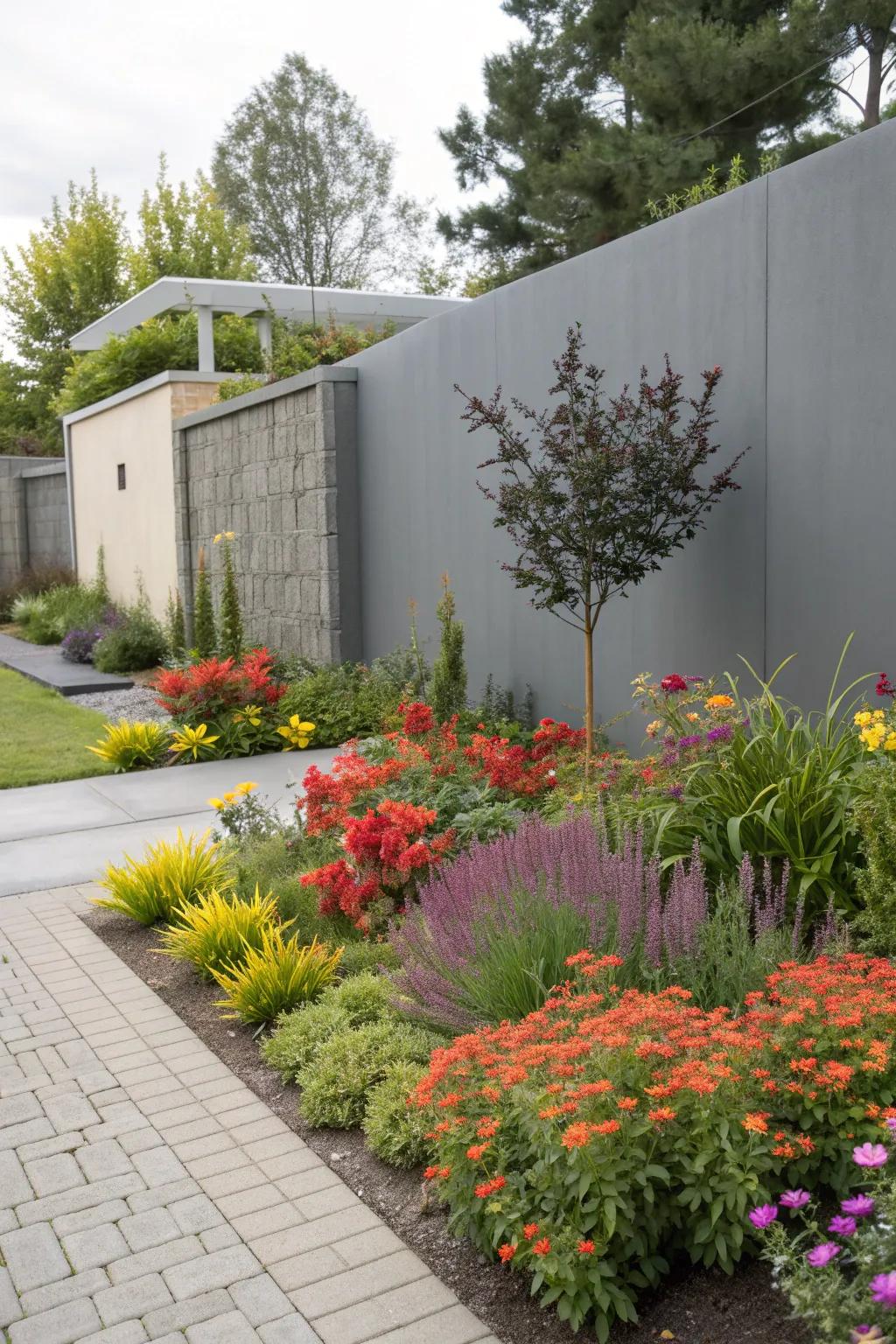 A grey accent wall serving as a backdrop for colorful plants in a garden.