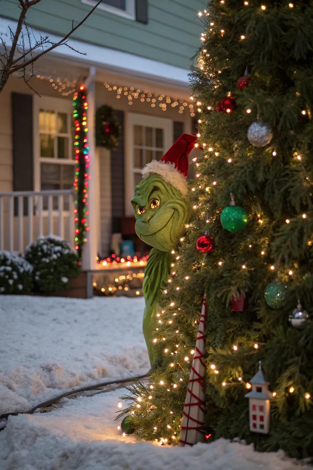 A sneaky Grinch adds a playful surprise behind a tree.