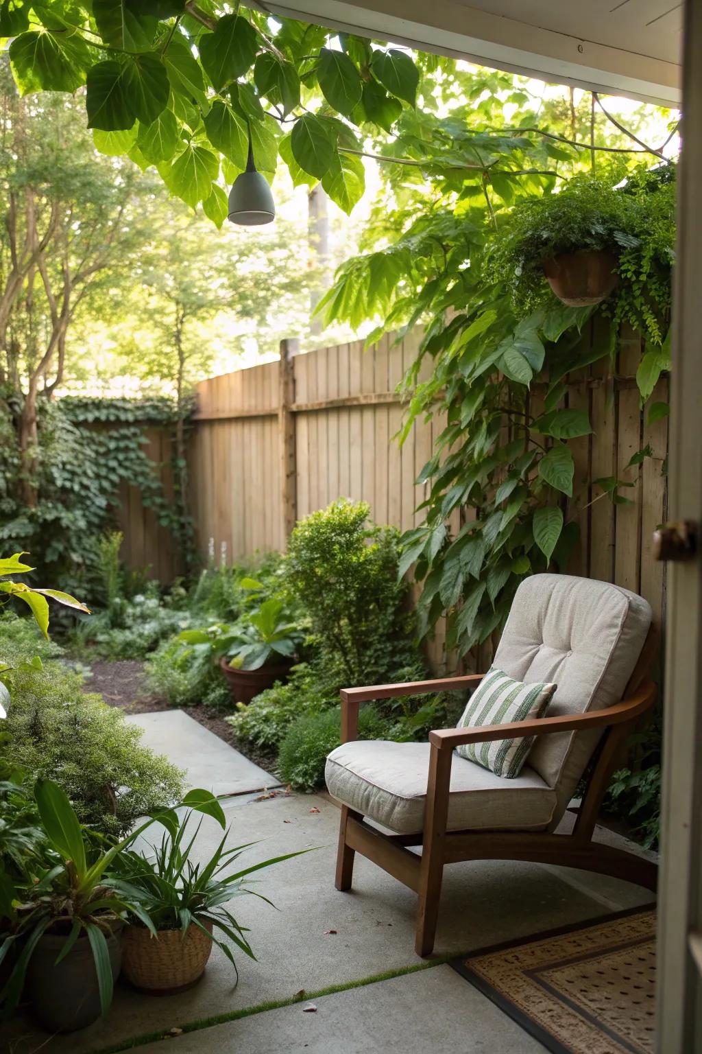 A bohemian garden nook offers a peaceful escape on the patio.