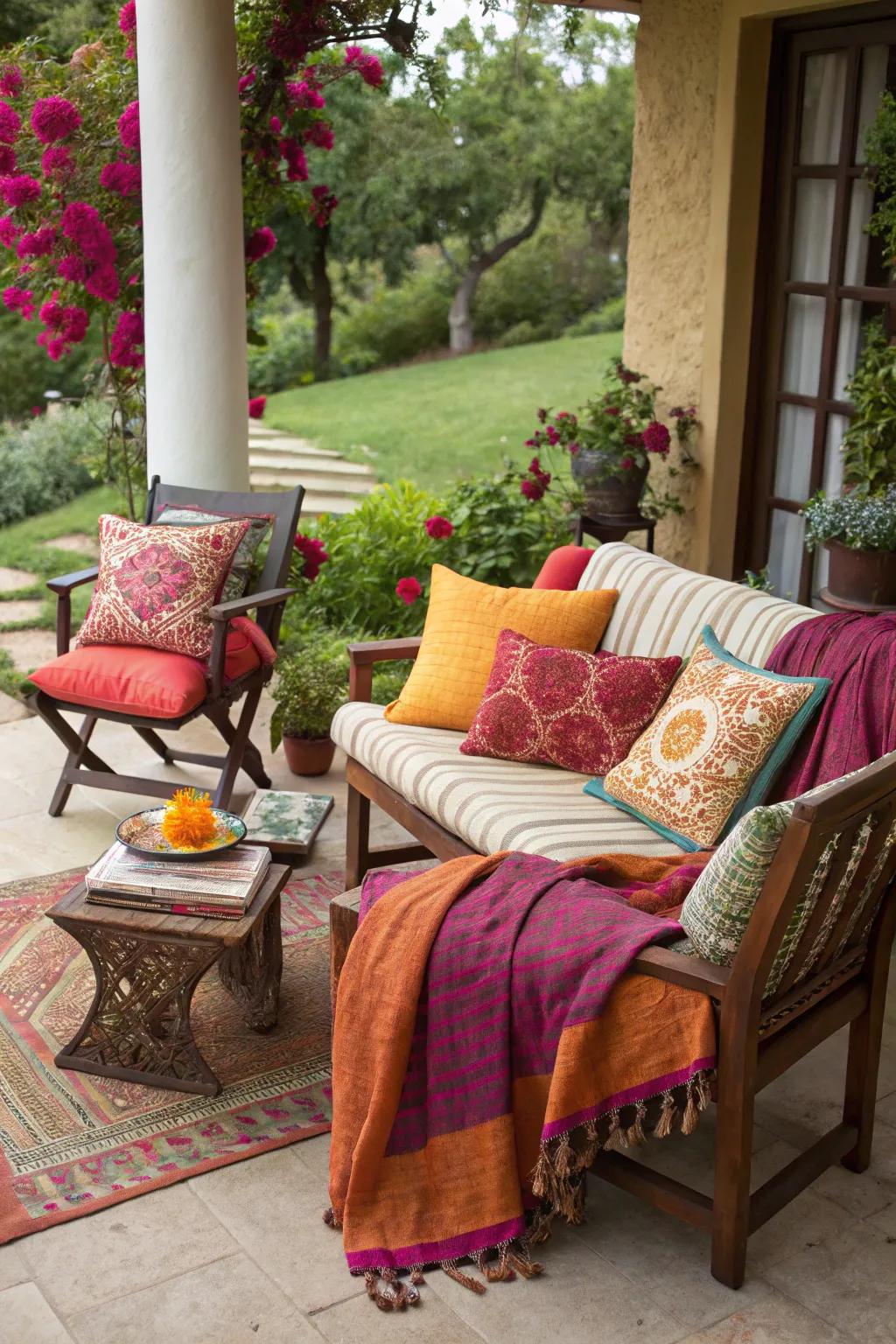 Textiles add warmth and a touch of coziness to the patio.