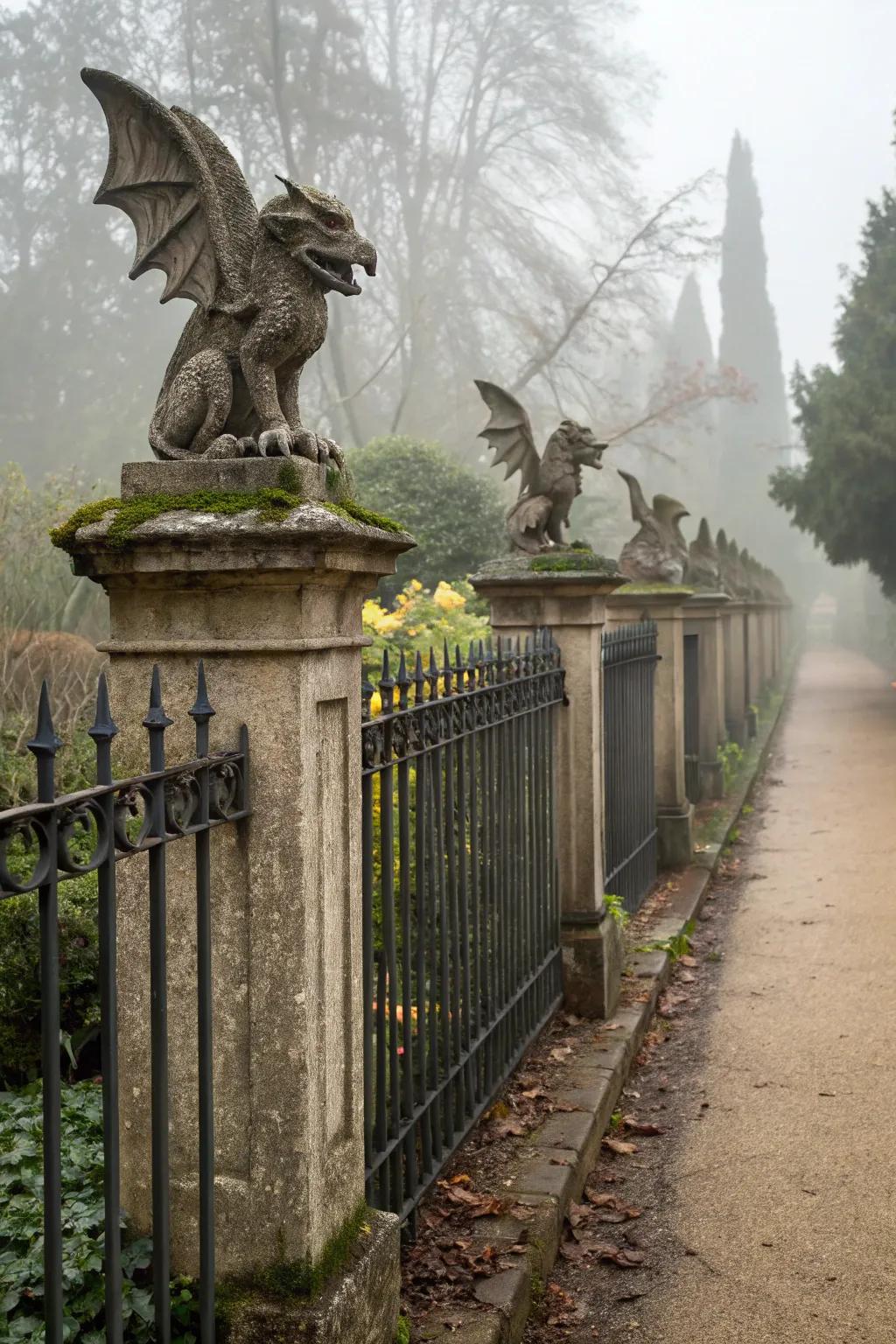 Gargoyles sit atop your fence like ancient guardians of Halloween night.