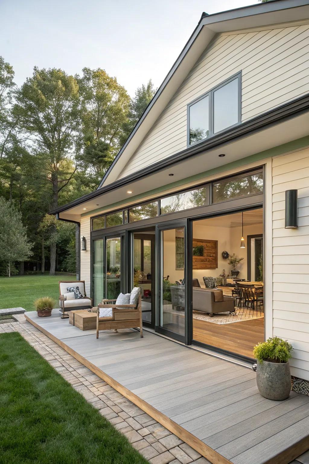 Seamless siding transitions enhance indoor-outdoor living.