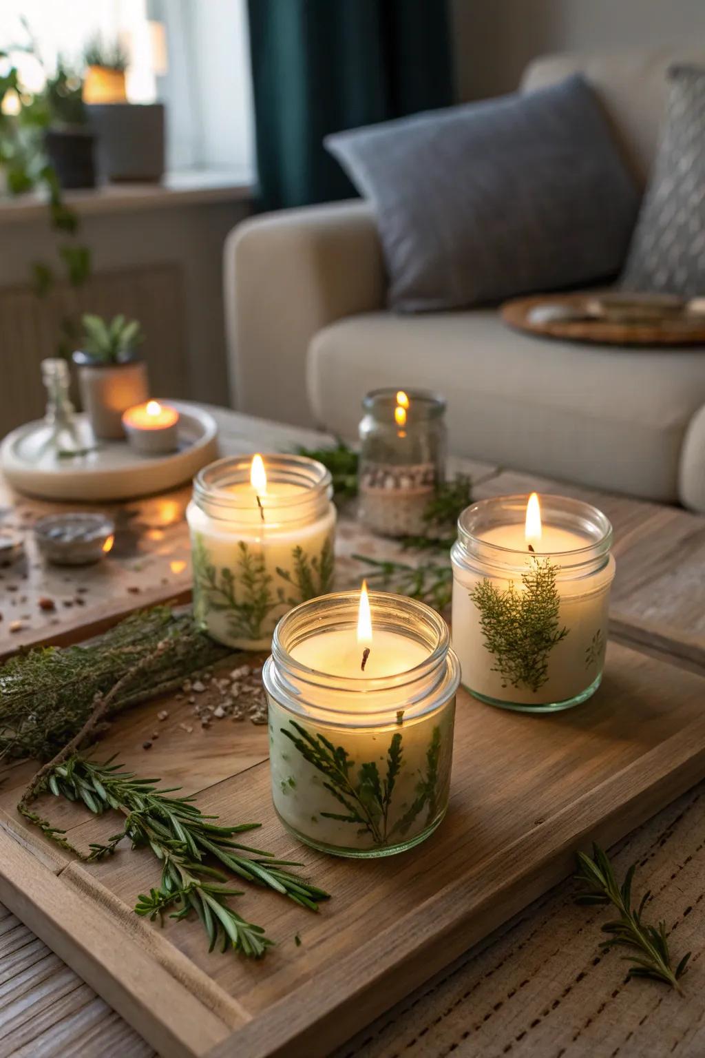 Bring garden scents indoors with herb scented candles.