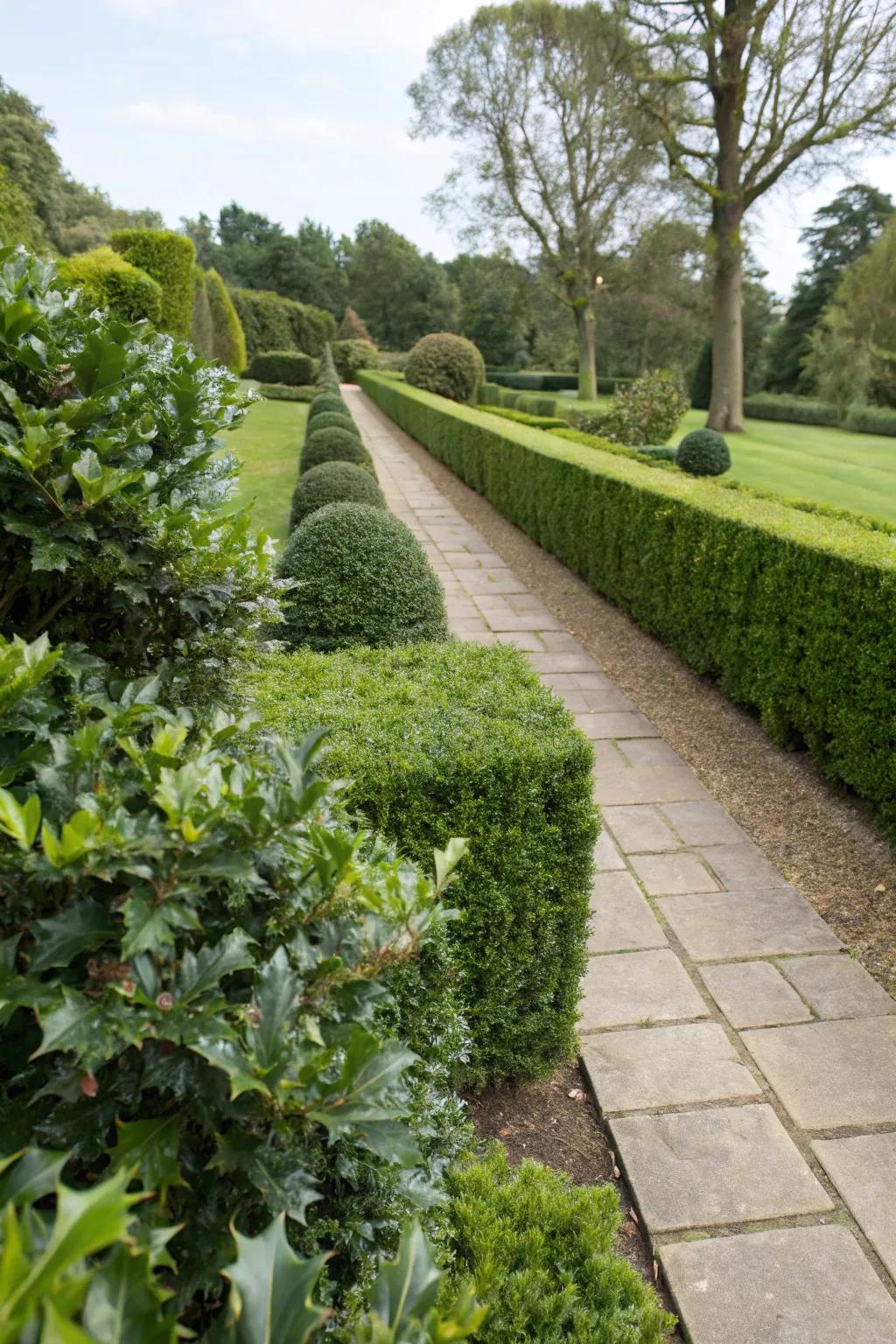 Holly bushes defining garden borders.