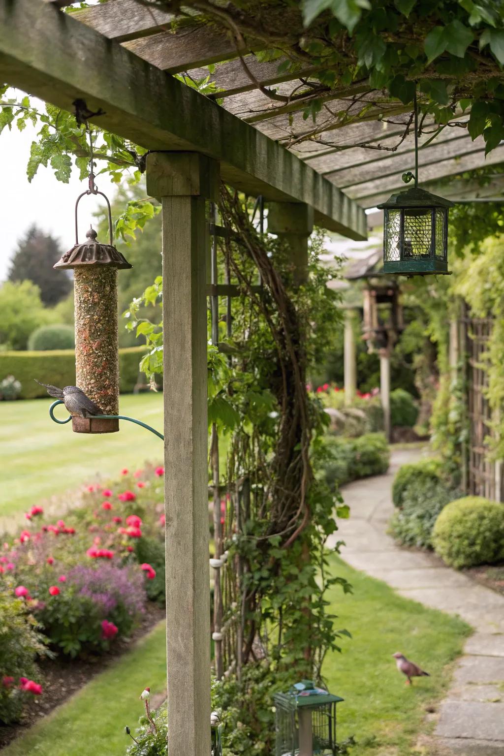 A pergola with honeysuckle and bird feeders, creating a lively haven for birds.