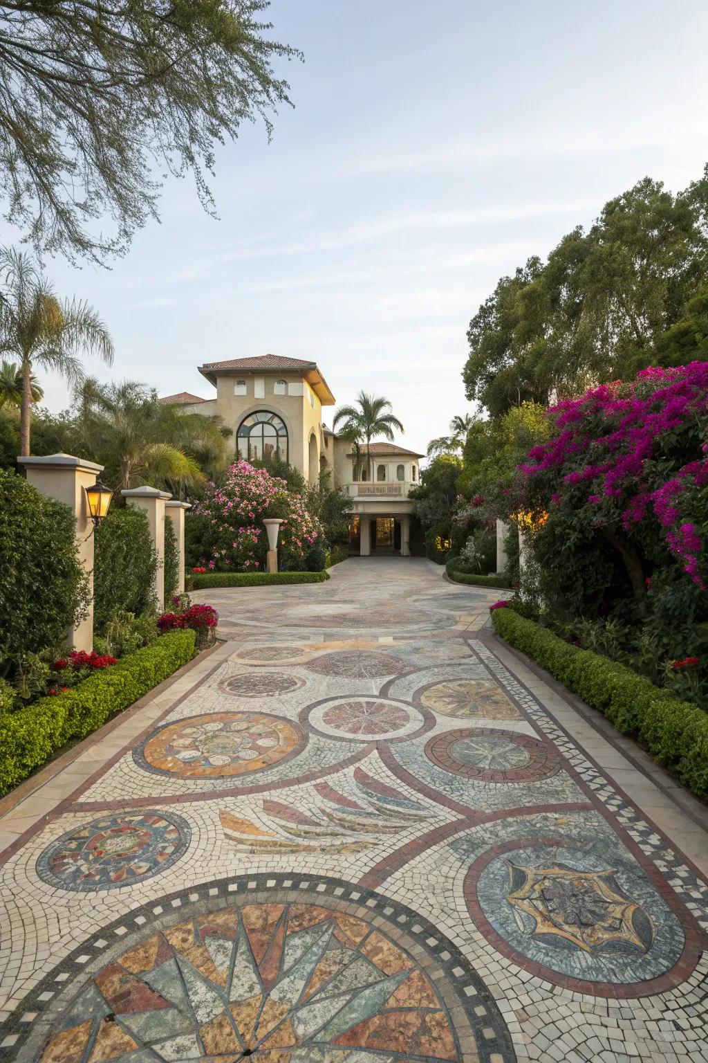 A vibrant mosaic pattern in a horseshoe driveway.