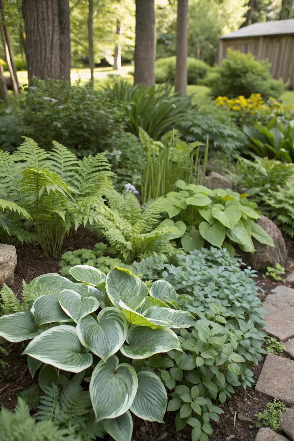 A practical and beautiful garden with hostas, ferns, and herbs.