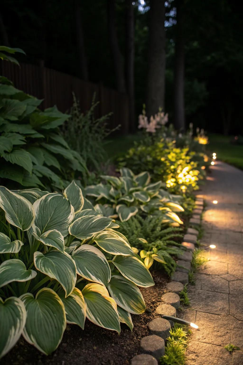 Subtle lighting highlights hosta borders, adding magic to night gardens.