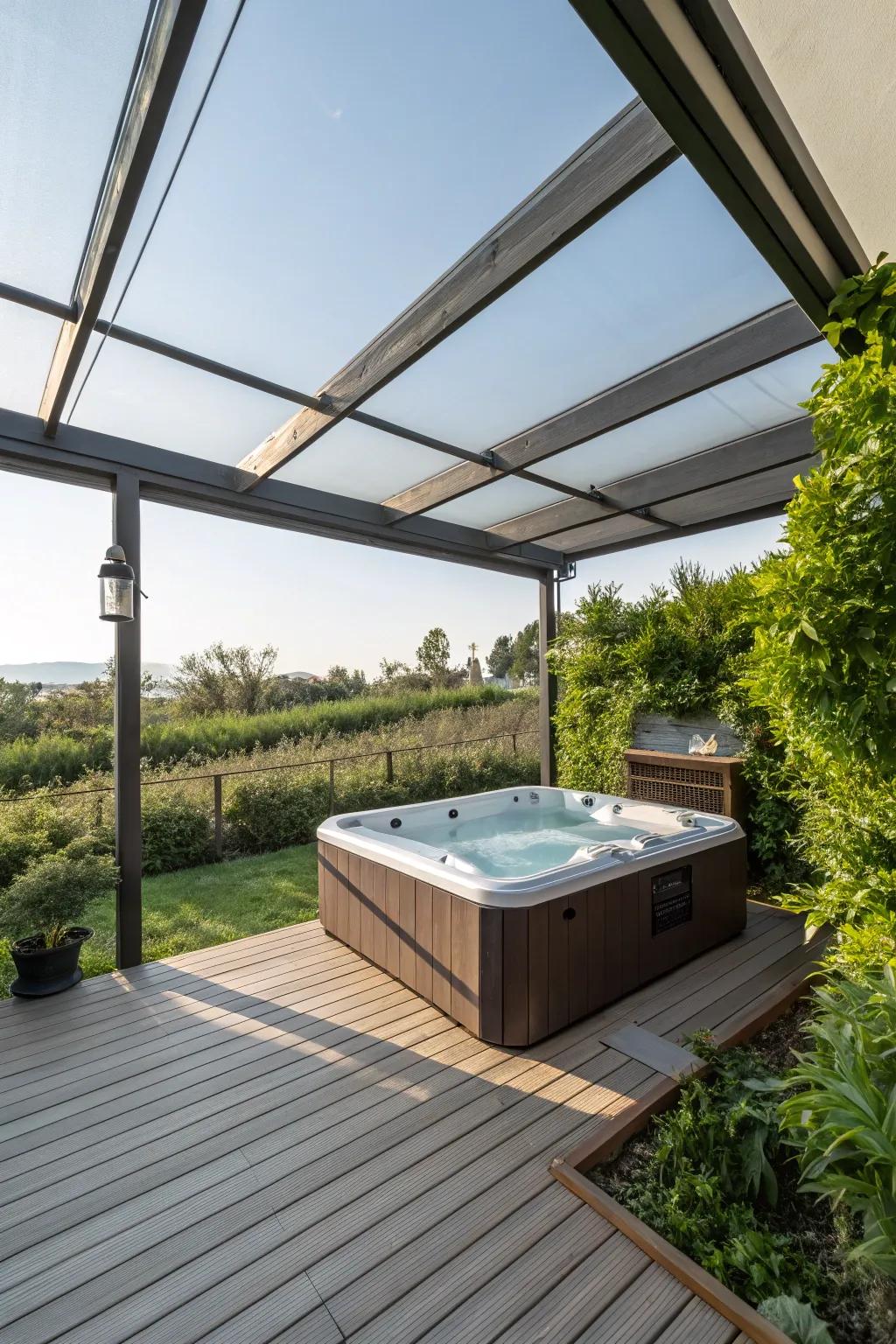 A covered hot tub with an open roof offers shelter and open-air enjoyment.