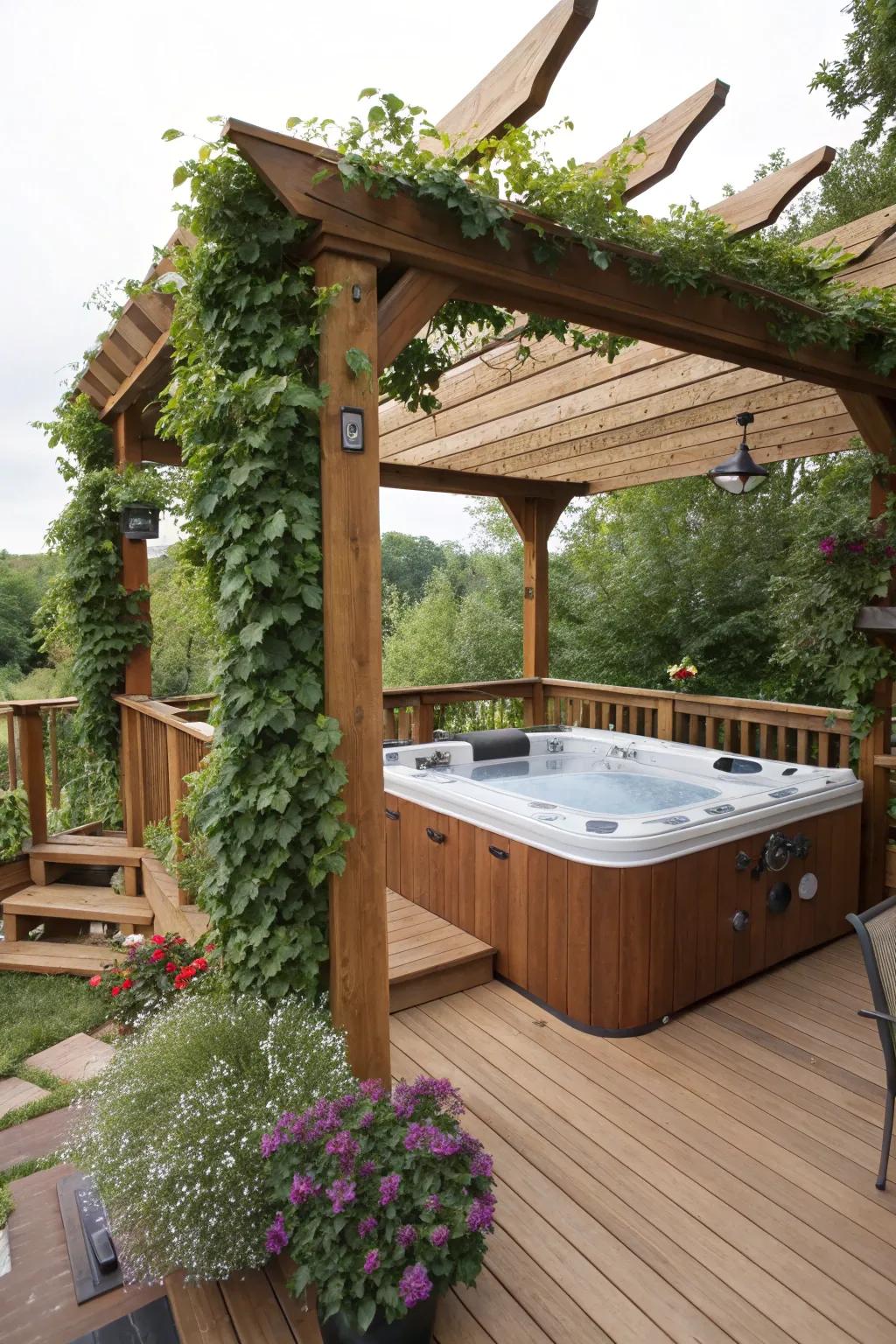 A pergola adds style and shade to your hot tub deck.