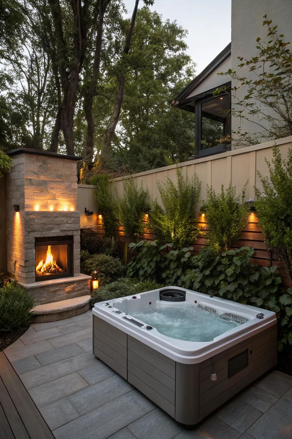An outdoor fireplace wall offers warmth and a stylish privacy solution.