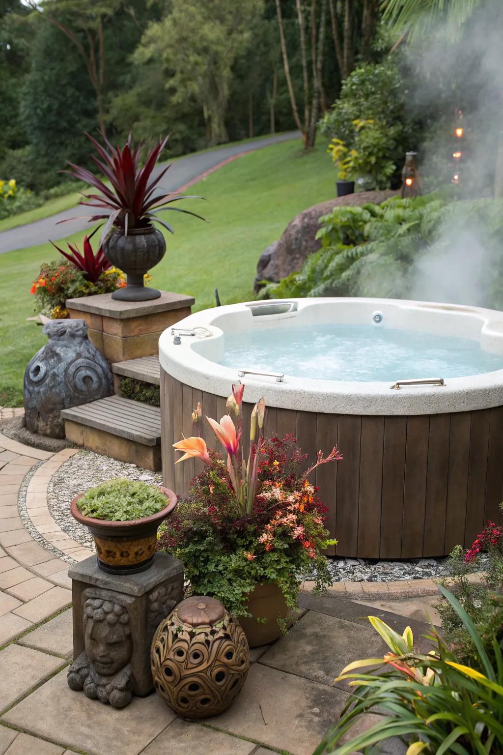 Artistic elements personalize your hot tub space with flair.