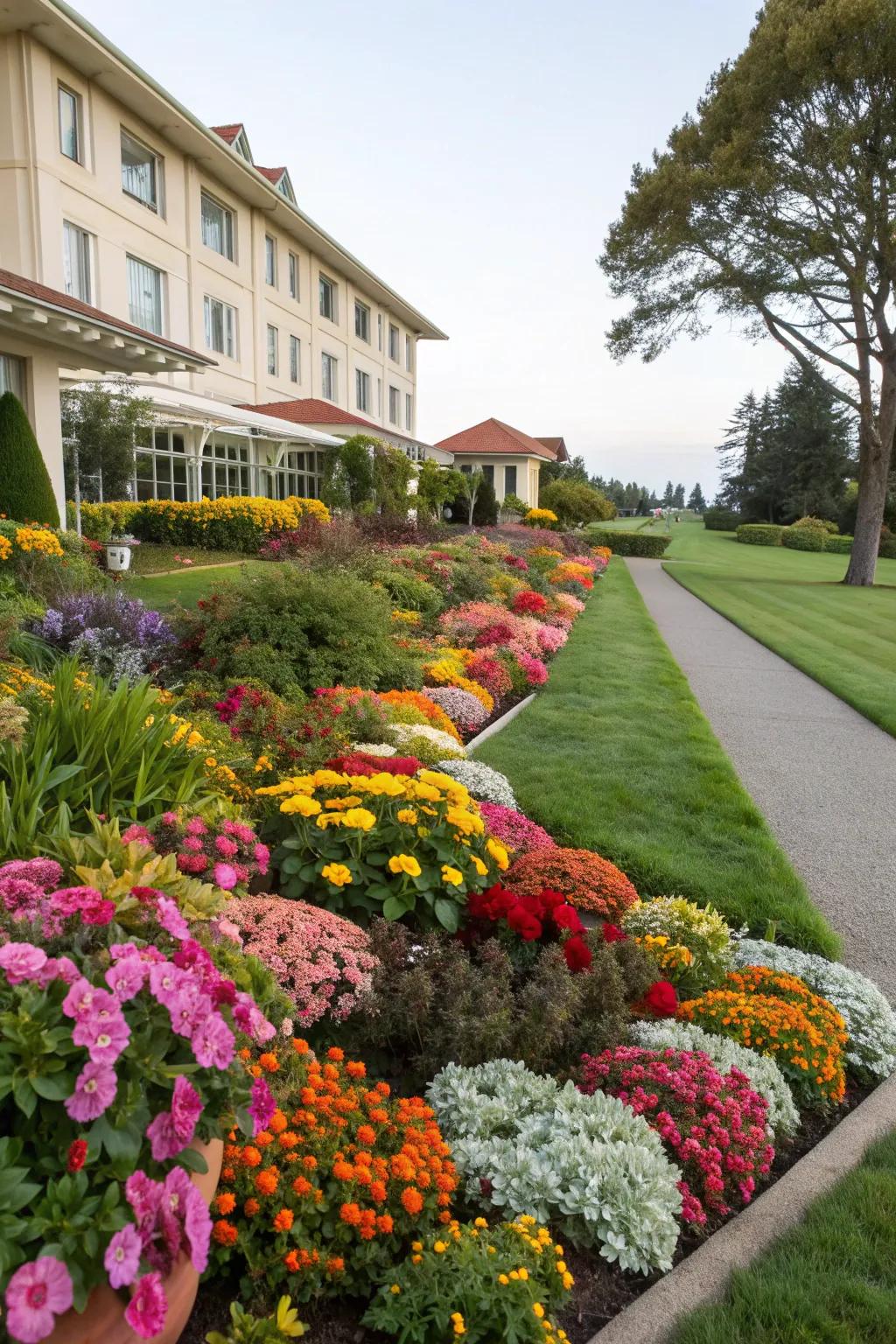 Seasonal plantings ensure year-round vibrancy.