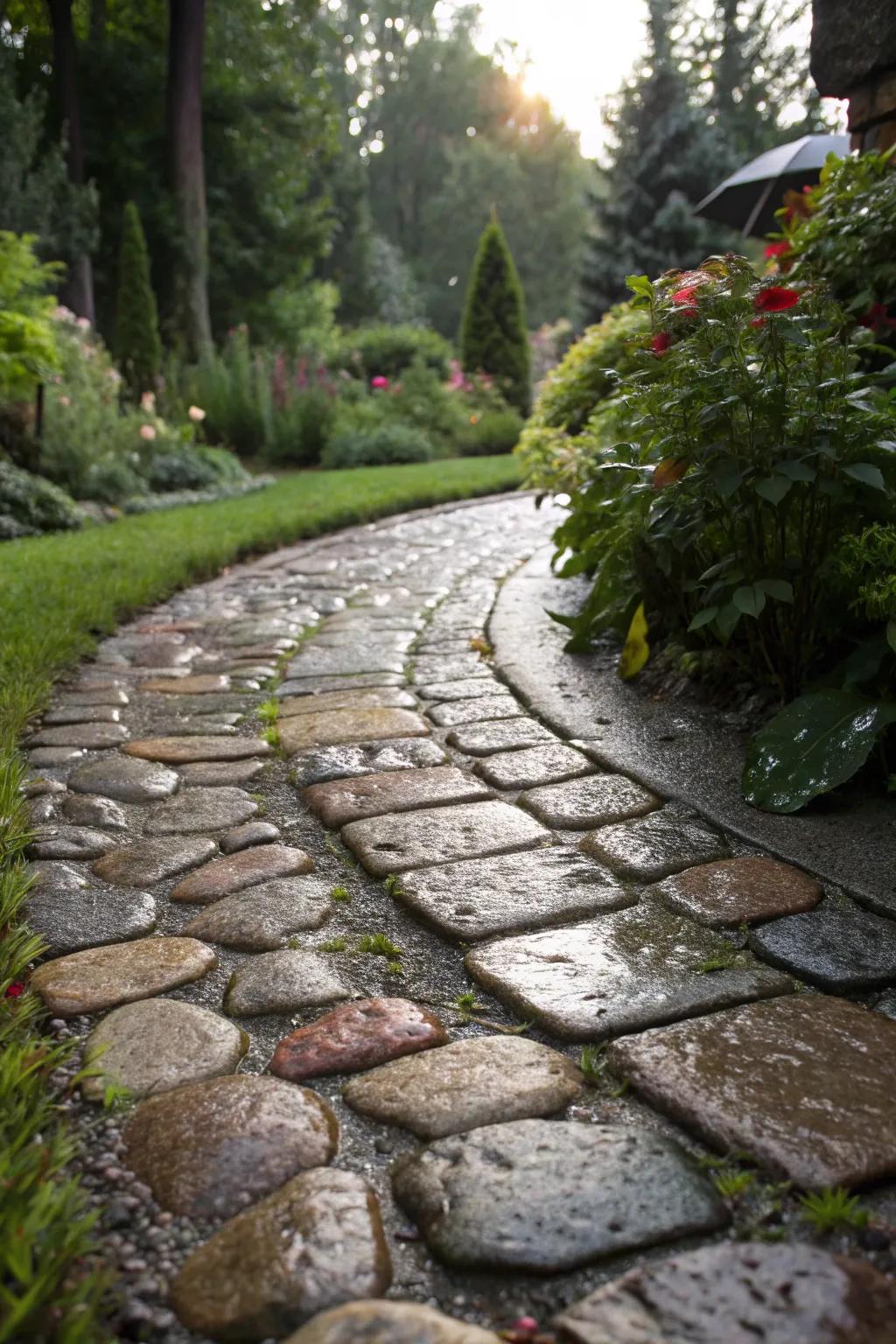 A cobblestone pathway adds old-world charm and character to the garden.