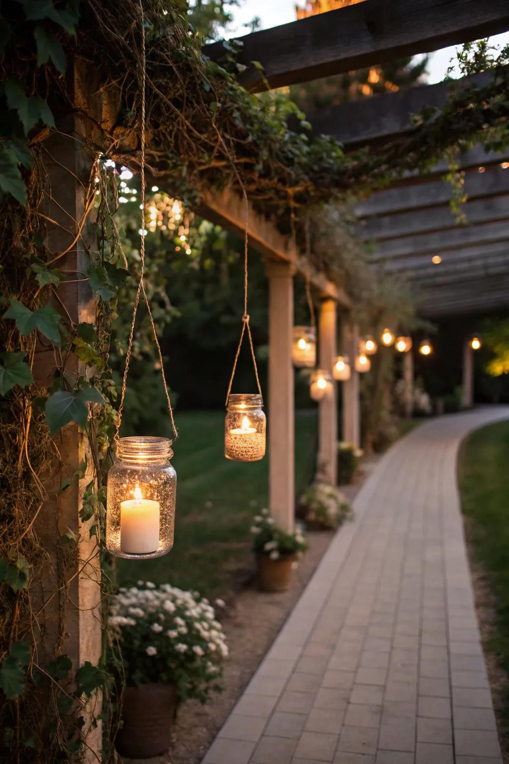 Candle jars enchant with soft light.