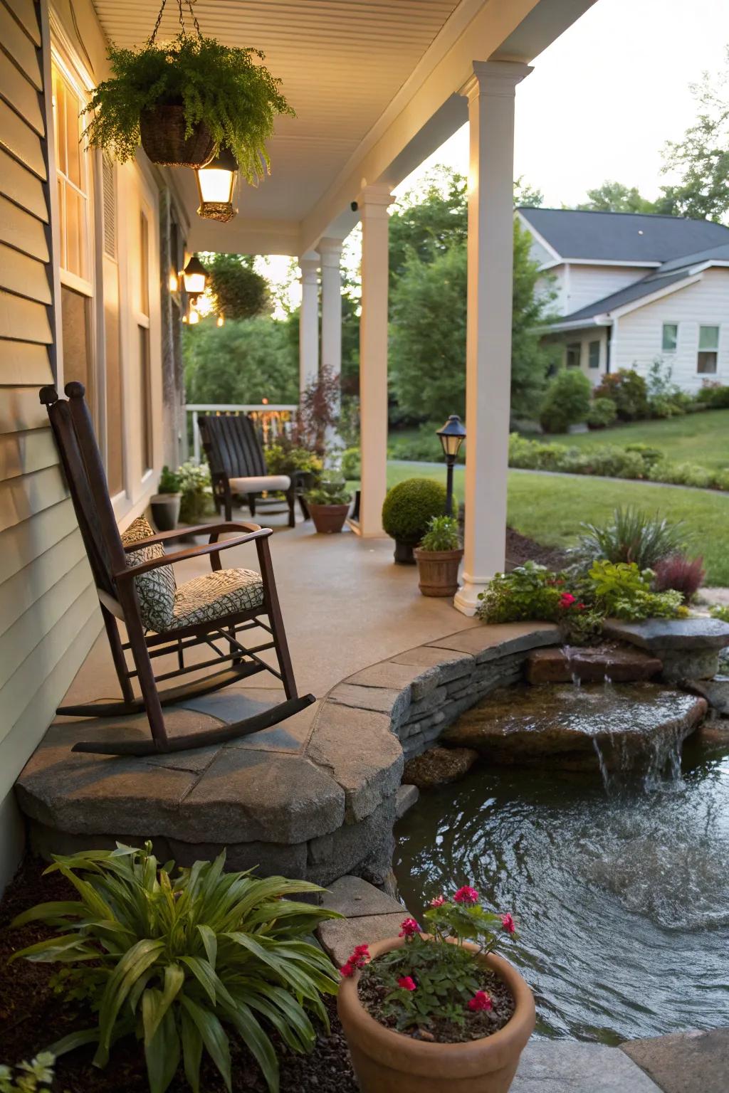 A tranquil front porch with a small water feature.
