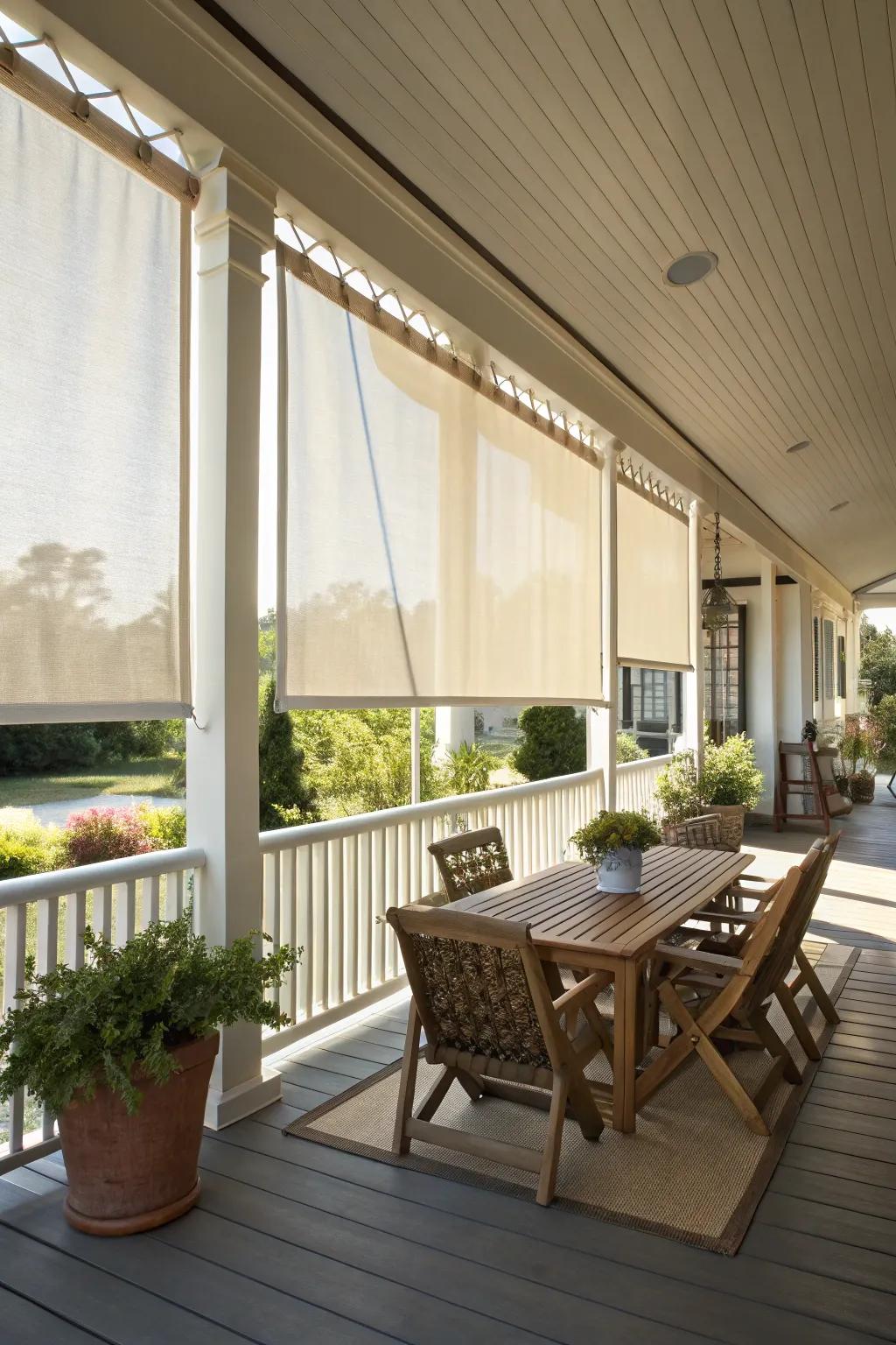 A porch with solar shades for effective sunlight control.