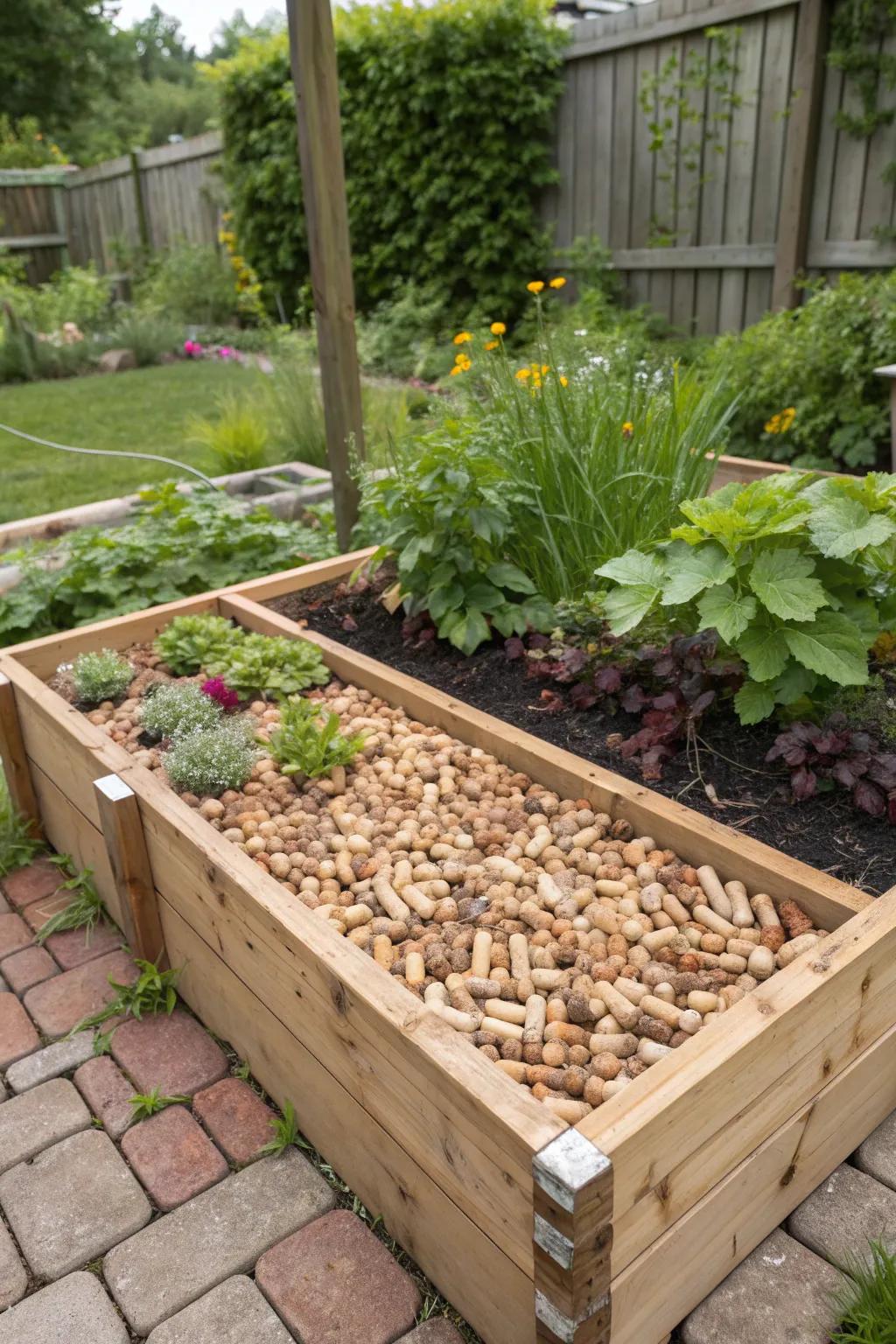 Wine corks creatively repurposed for soil aeration.
