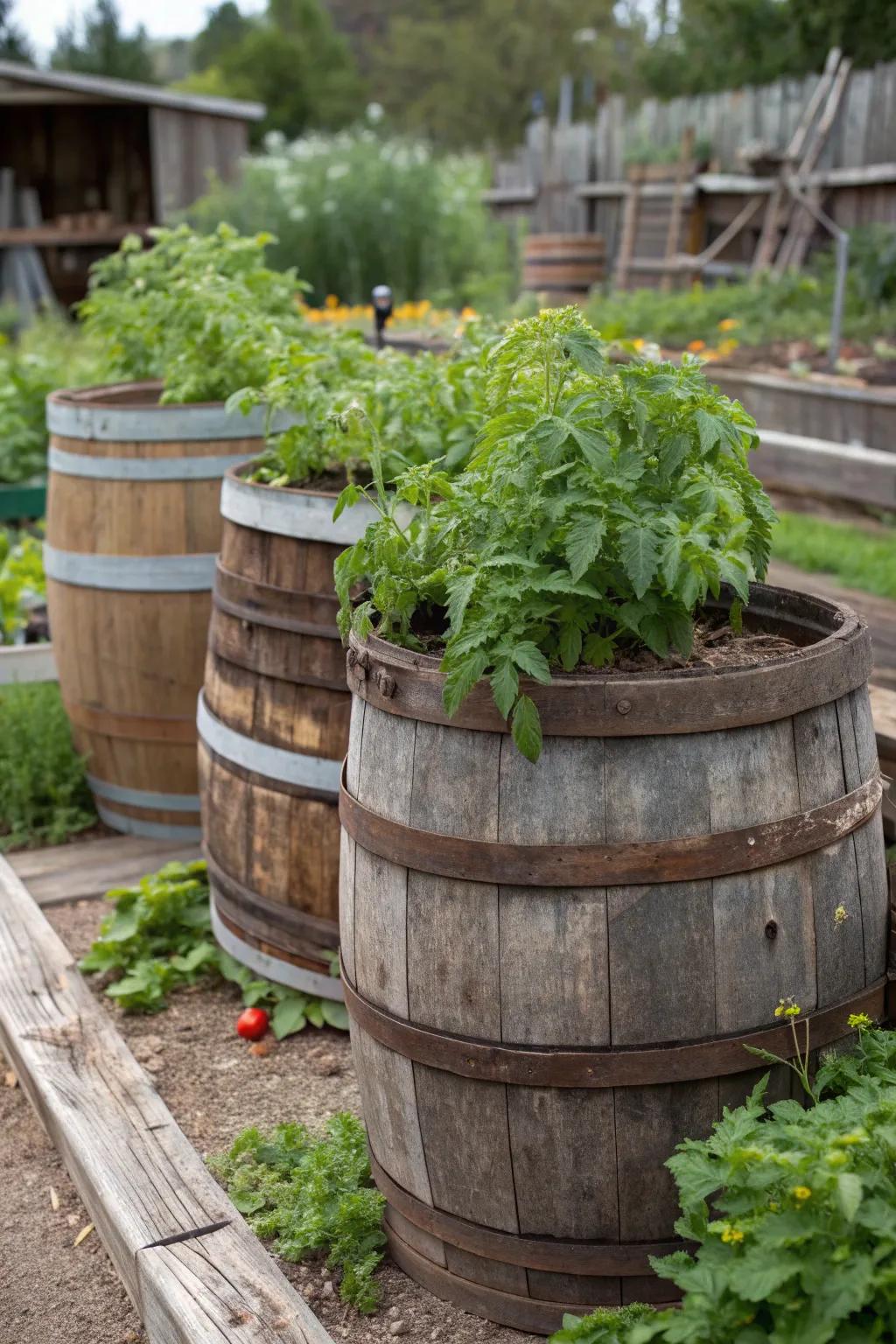 Repurposed barrels make for unique and sustainable tomato planters.