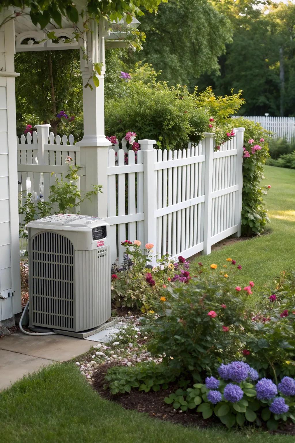 Picket fences add classic charm while effectively hiding AC units.