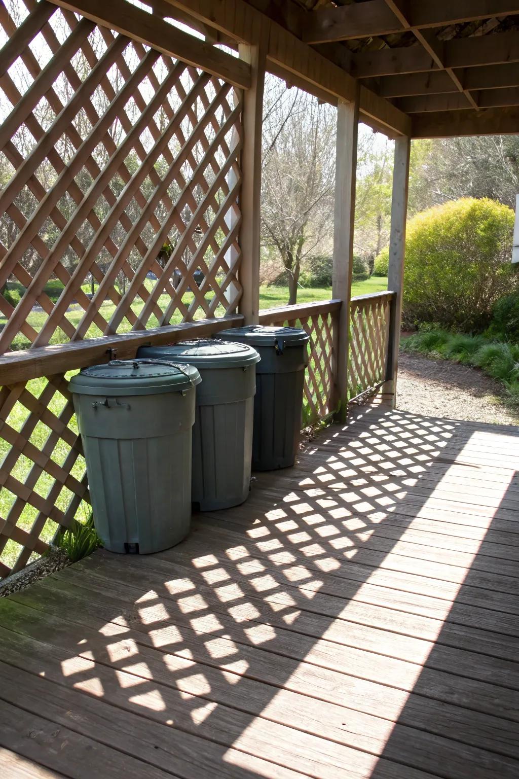 Under deck storage provides a discreet solution for hiding trash cans.