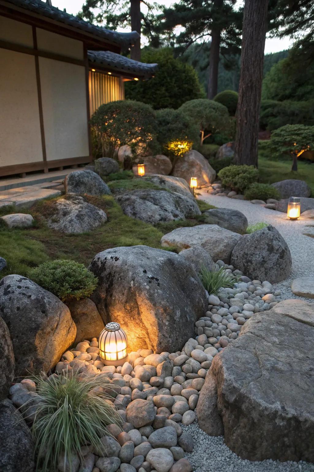 Subtle lighting among stones enhances the garden's evening ambiance.