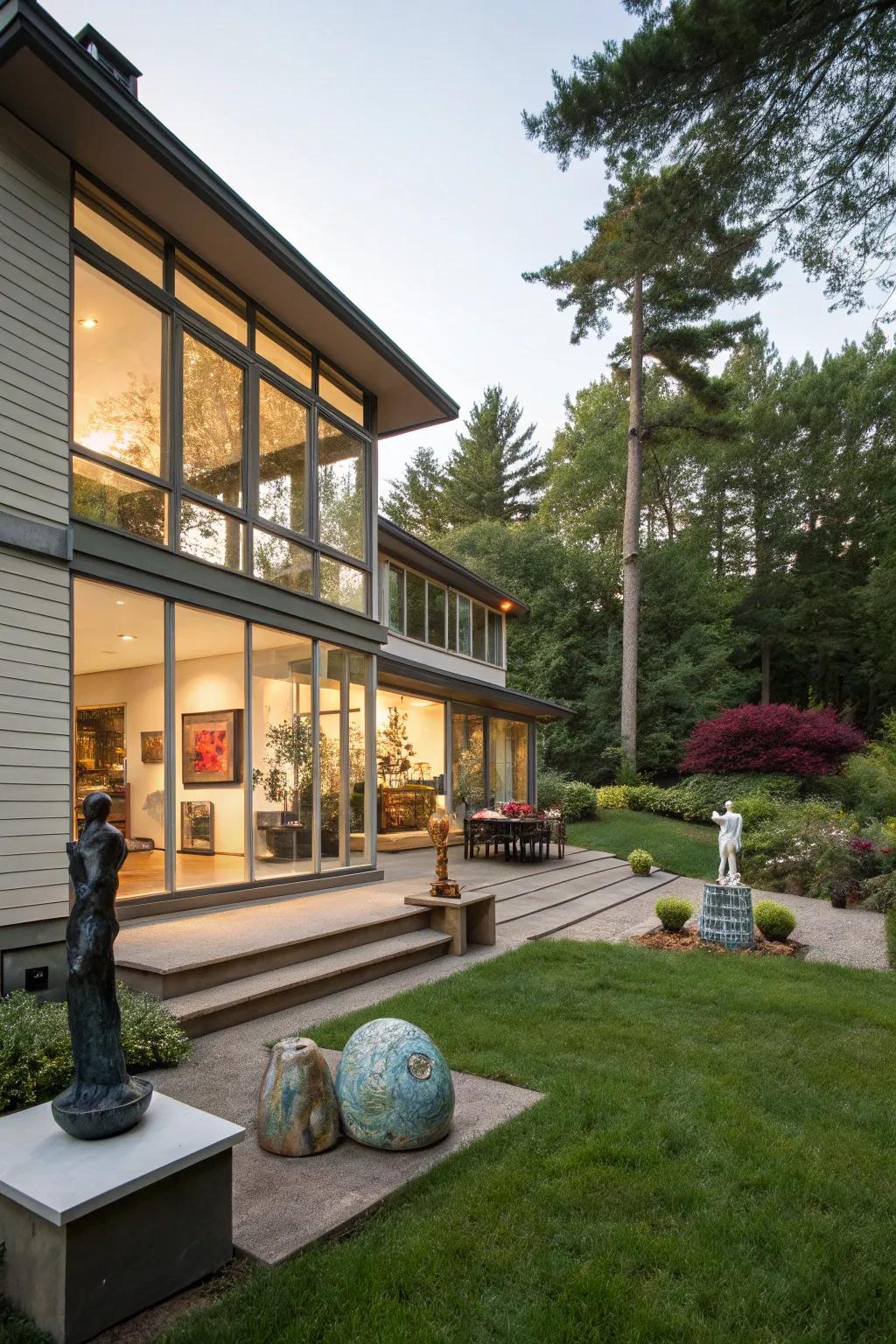 Outdoor art pieces bring personality and intrigue to this home.