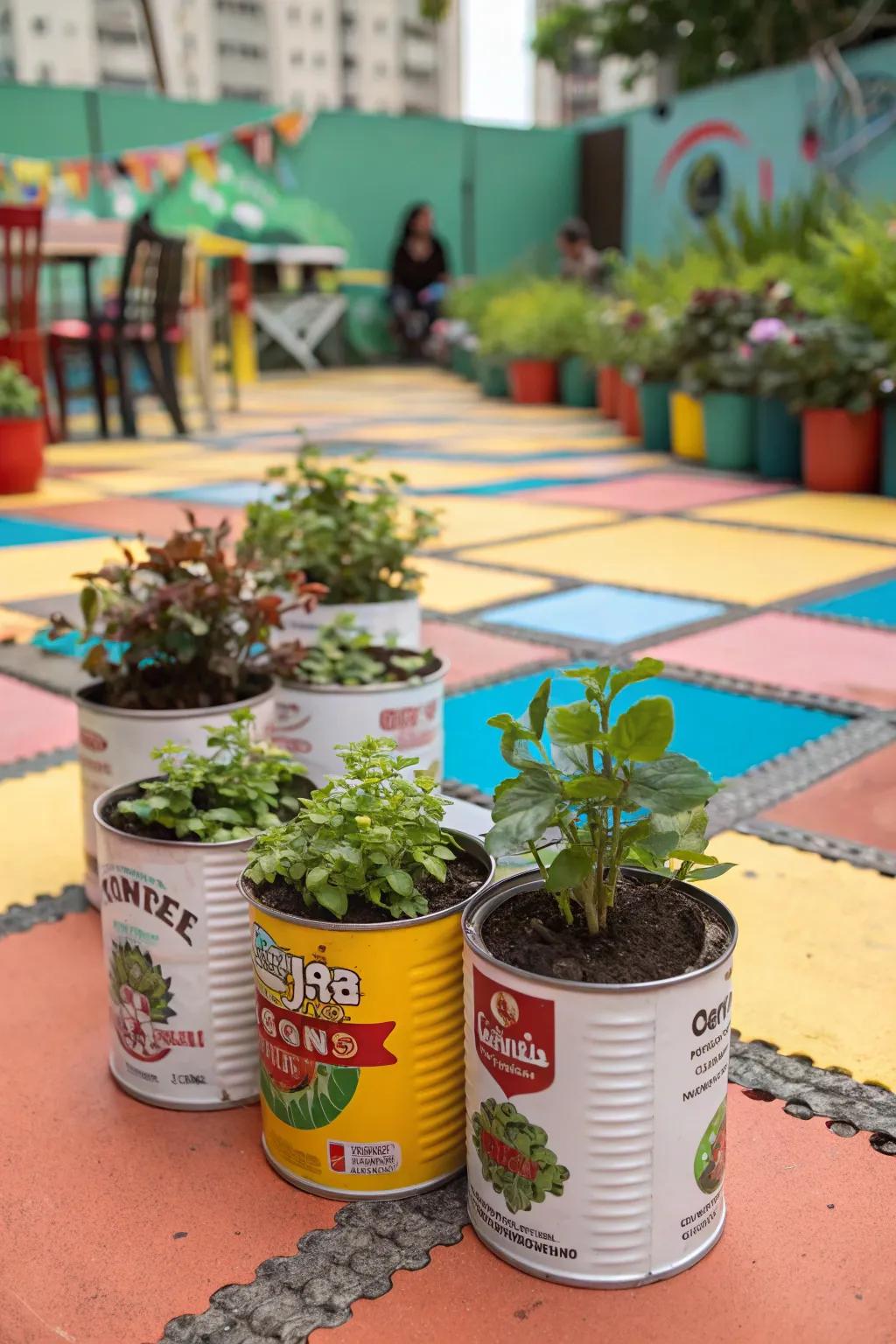 Coffee cans add a whimsical touch to hydroponic setups.