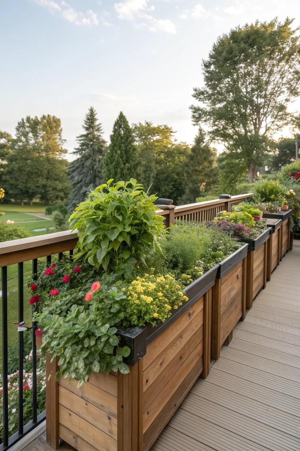 A seamless integration of planters into the deck design.