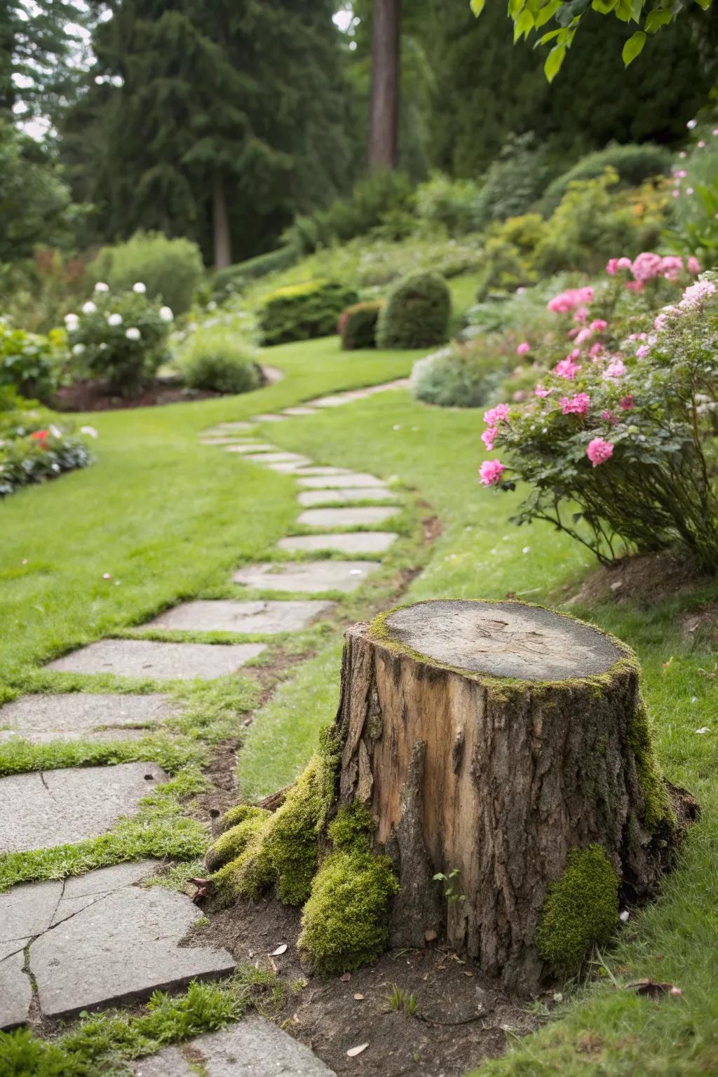 A tree stump seamlessly incorporated as a stepping stone.