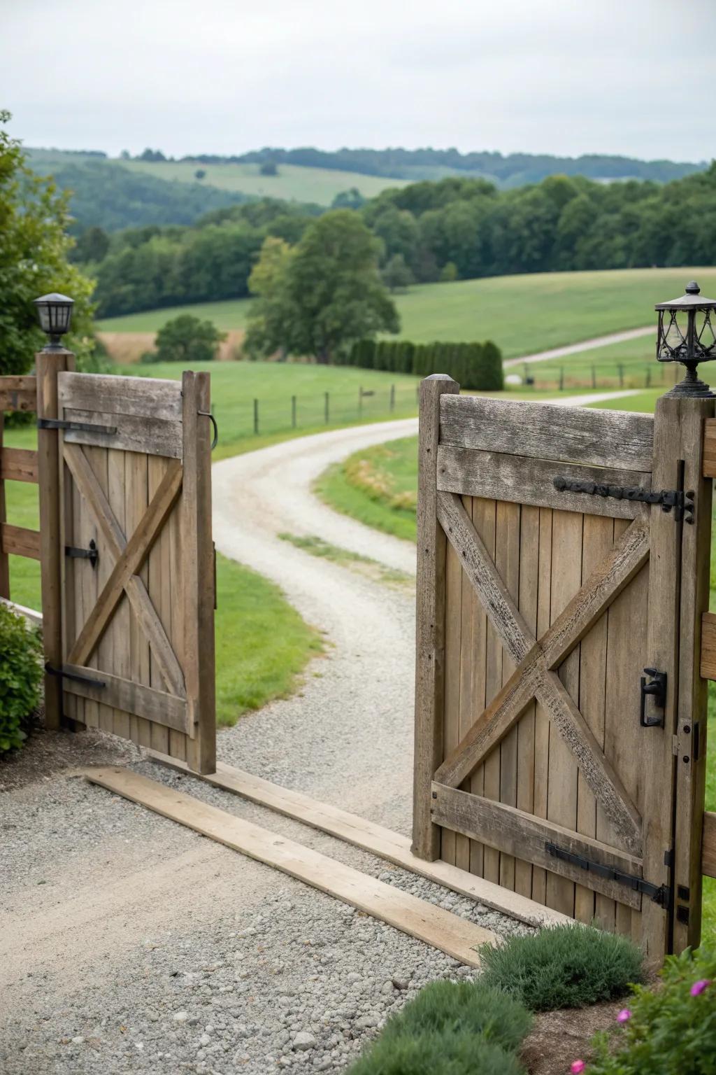 Rustic charm with a sliding barn door gate.