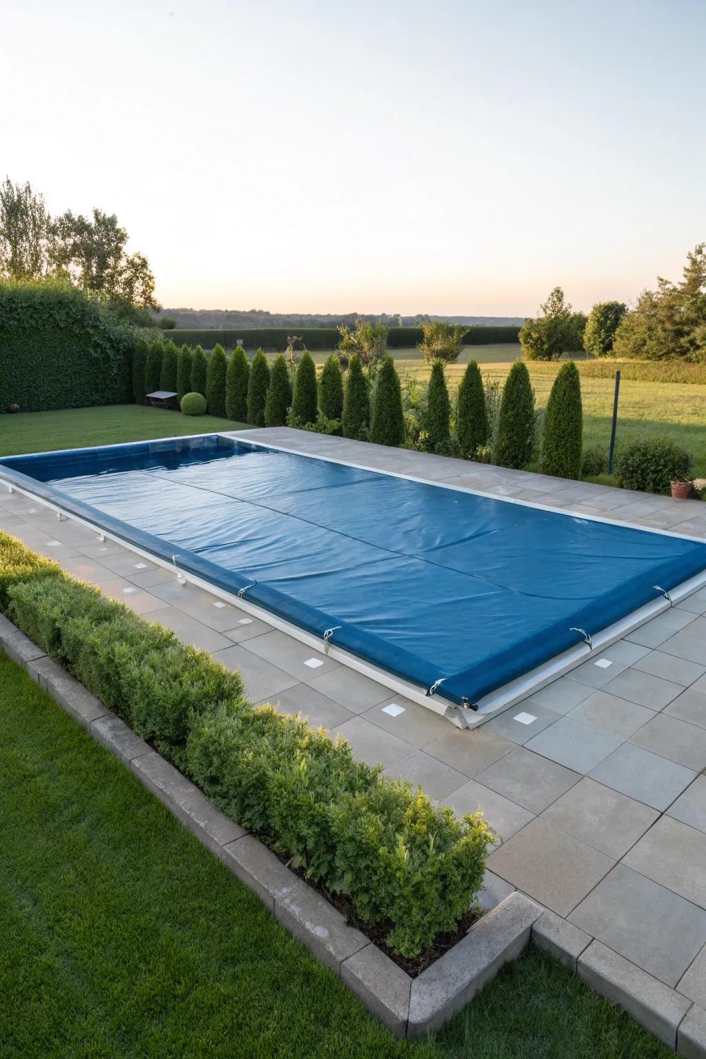 A pool cover maintains cleanliness and safety effortlessly.