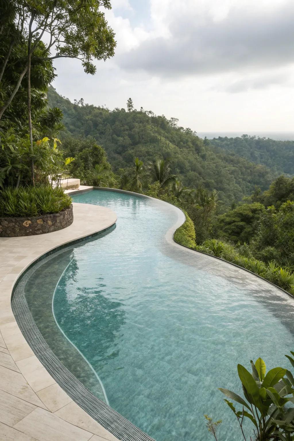 A uniquely shaped pool complements the natural landscape.