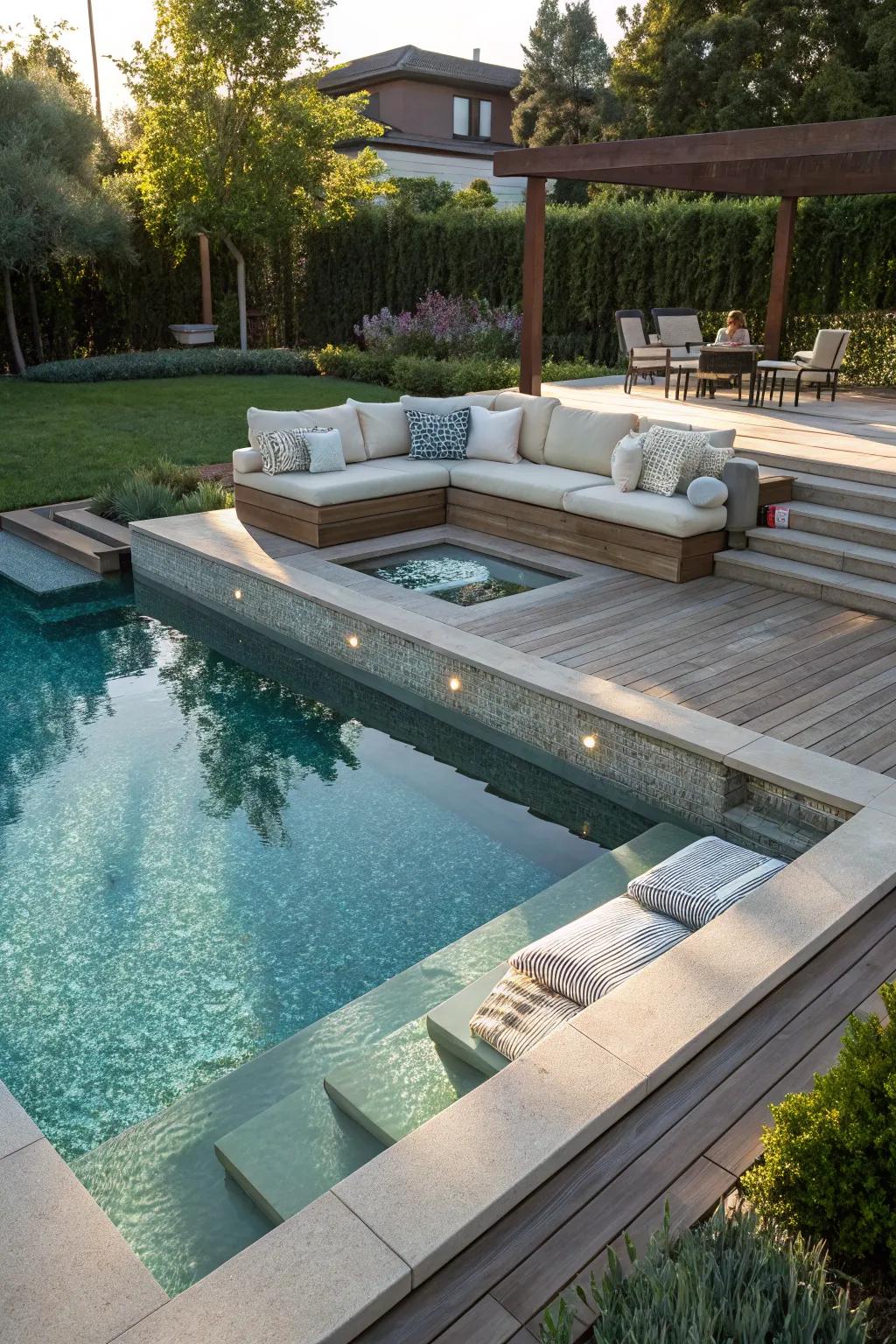 A cozy sunken lounge area next to an inground pool, perfect for entertaining.