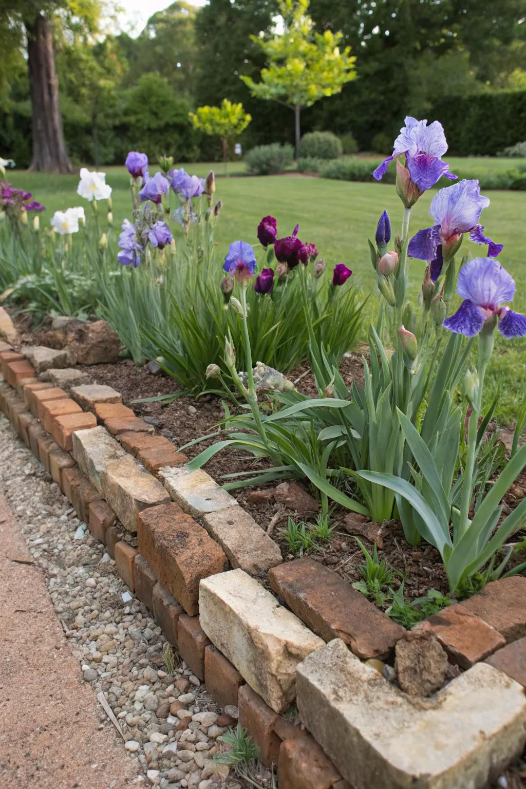 Creative edging adding charm to iris beds.