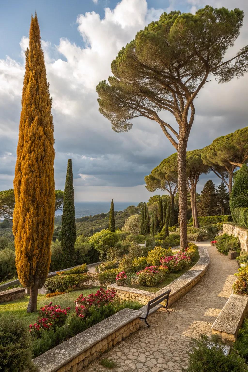 Mediterranean pines adding iconic silhouettes to the garden.
