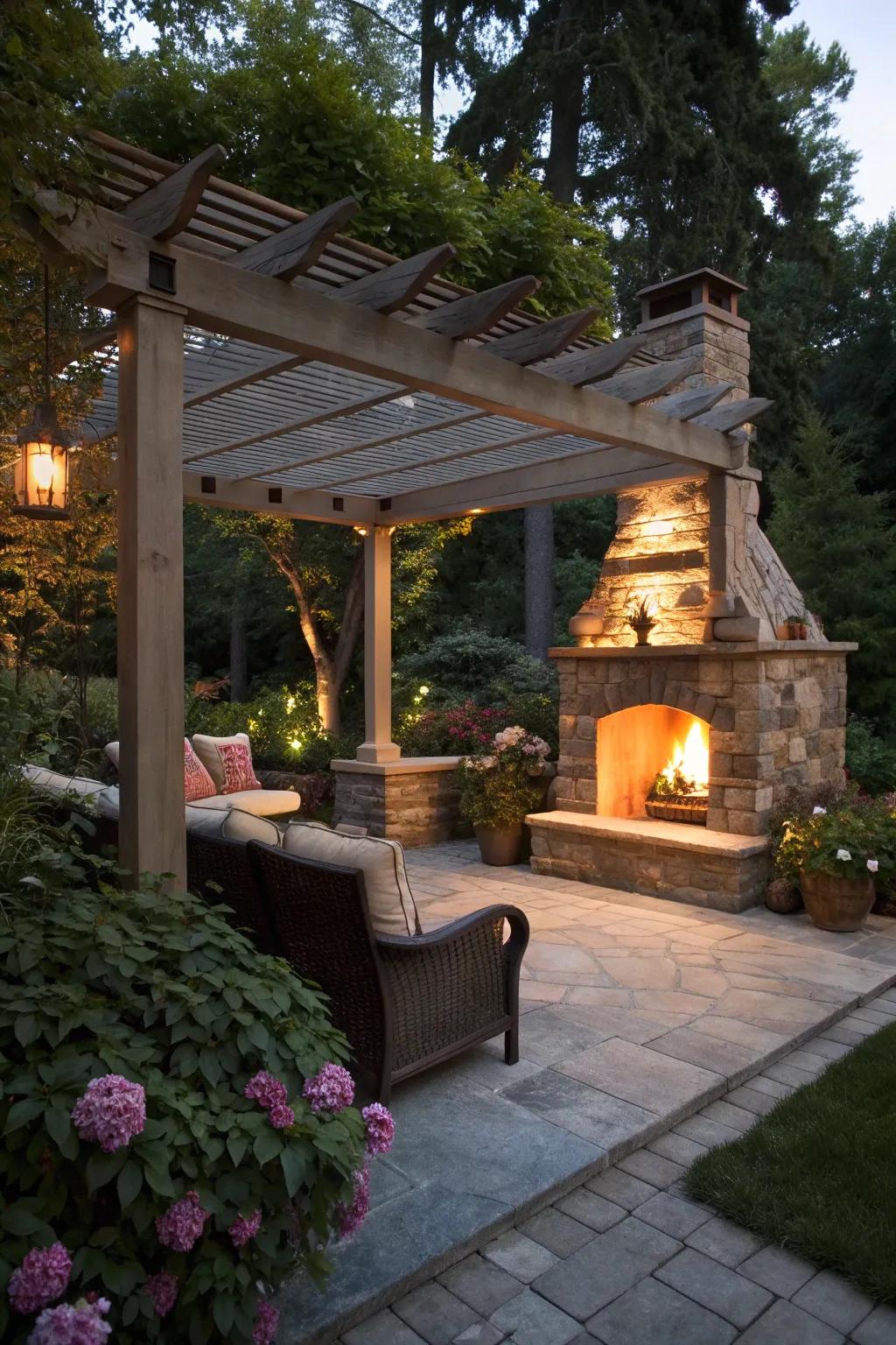 A fireplace under the pergola creates a cozy gathering spot.