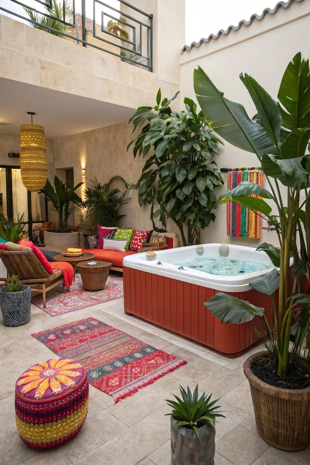A bold and colorful jacuzzi area that pops with personality
