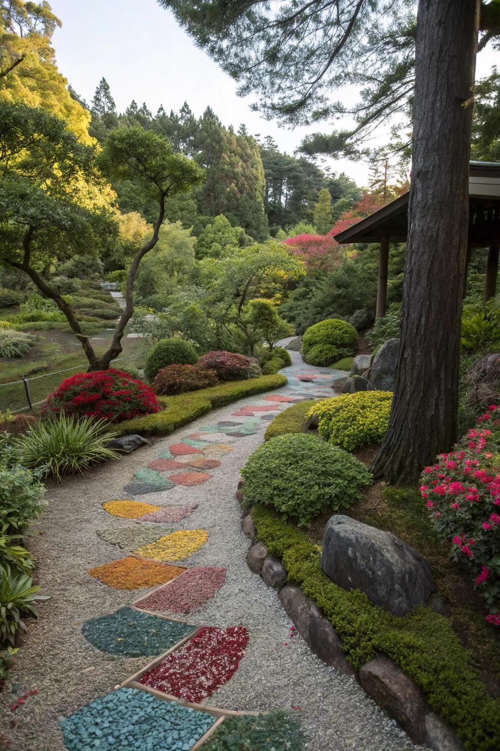 Decorative gravel offers eye-catching, colorful edging.