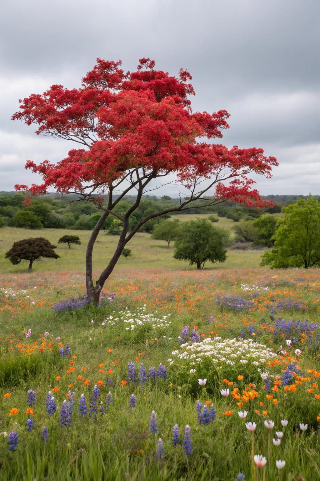 Blend Japanese maples with wildflowers for a natural look.
