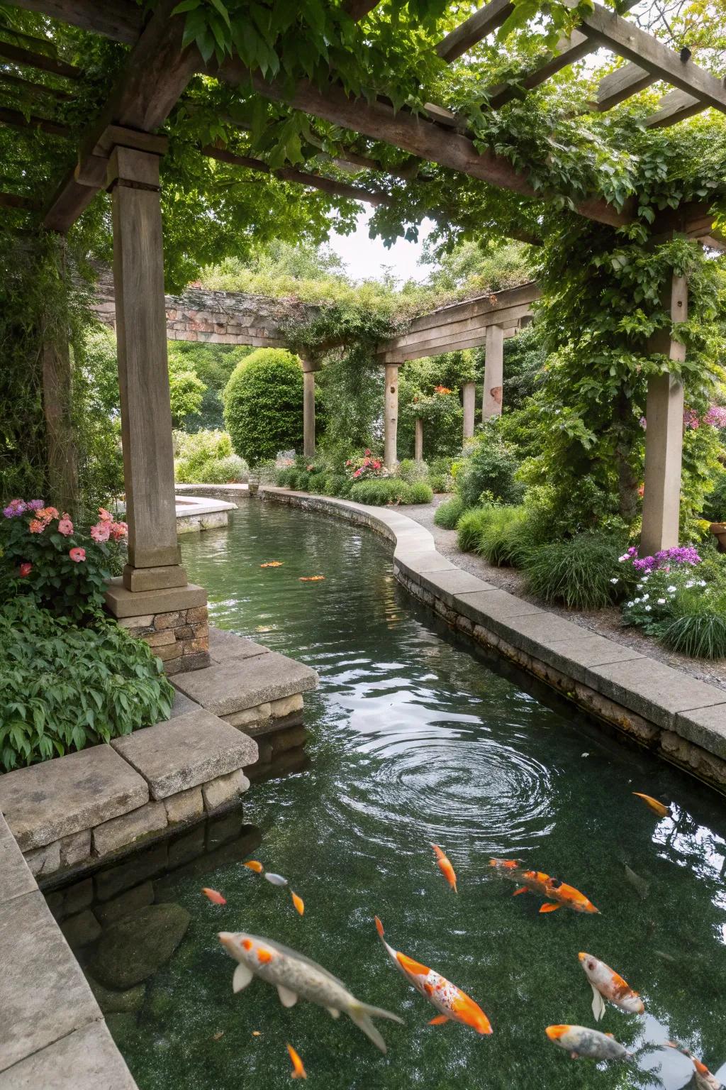 Natural shade offering a cool and relaxing retreat at a koi pond.