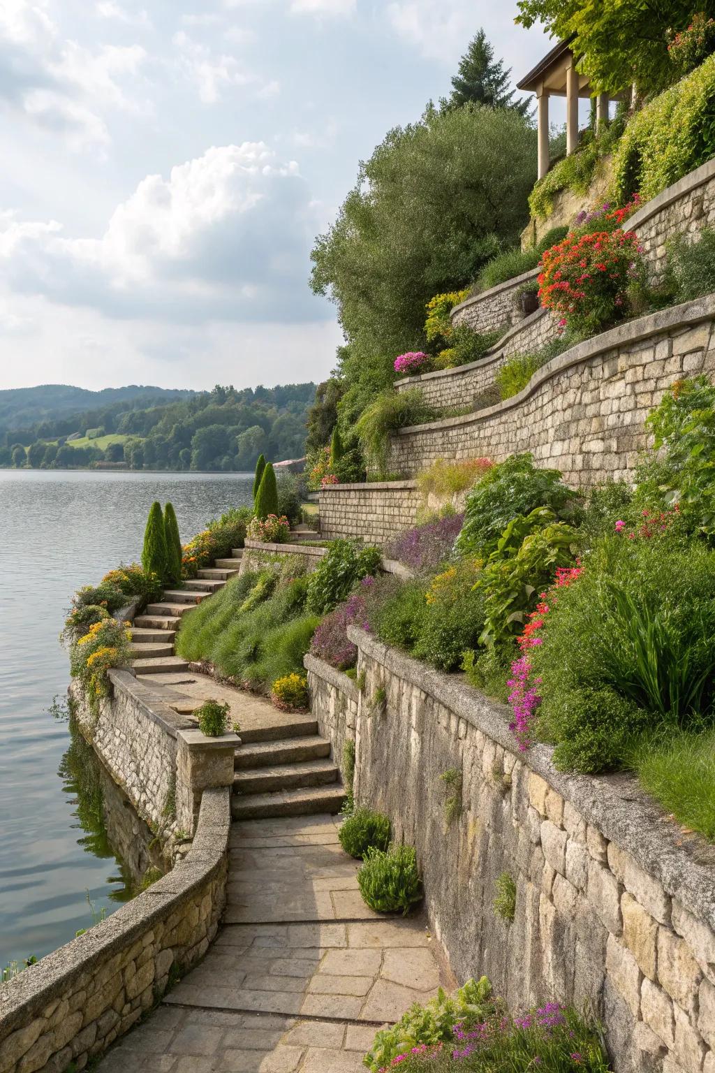 Terraced garden levels enhancing a sloped lakeside property.