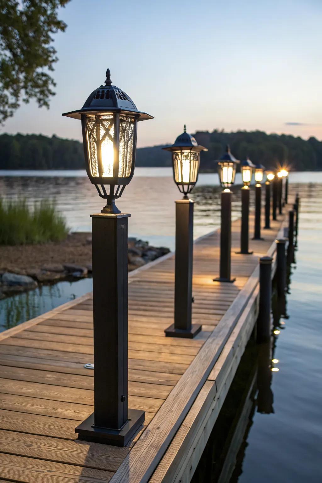 Lantern posts add height and elegance to this beautiful lakeside dock.