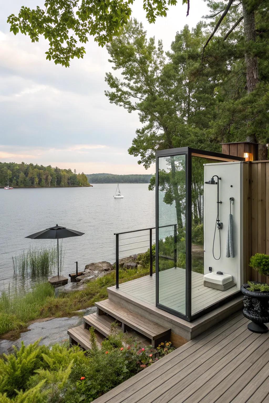 An outdoor shower adds luxury and convenience to a lakefront deck.