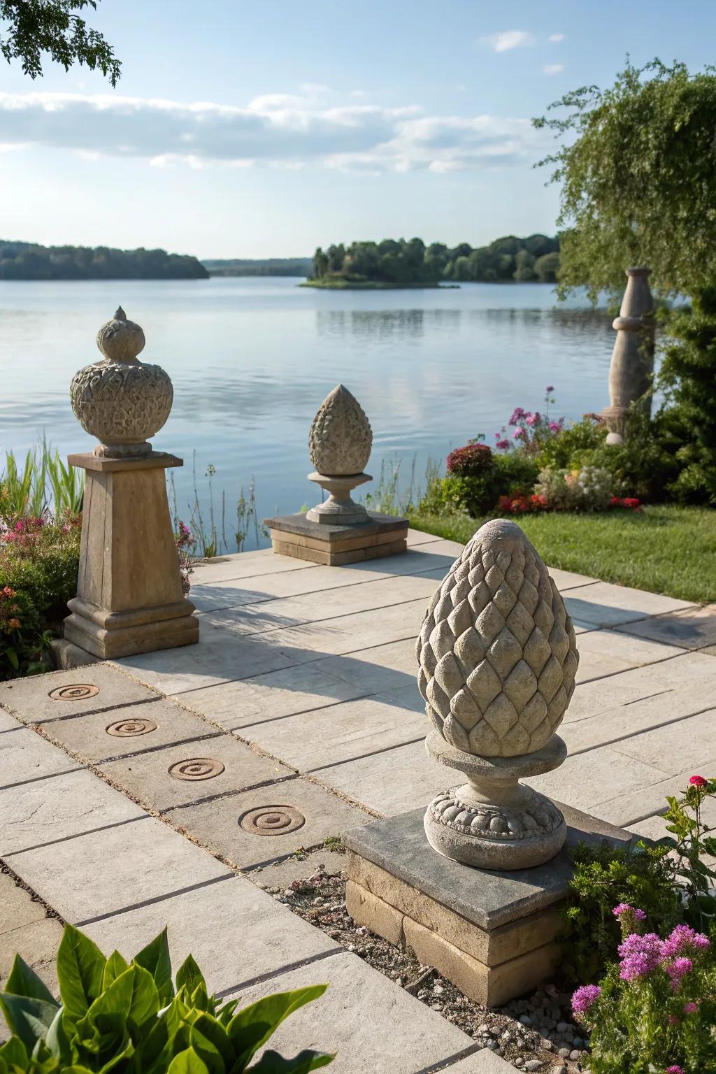 Stone sculptures adding artistic flair and elegance to the patio.