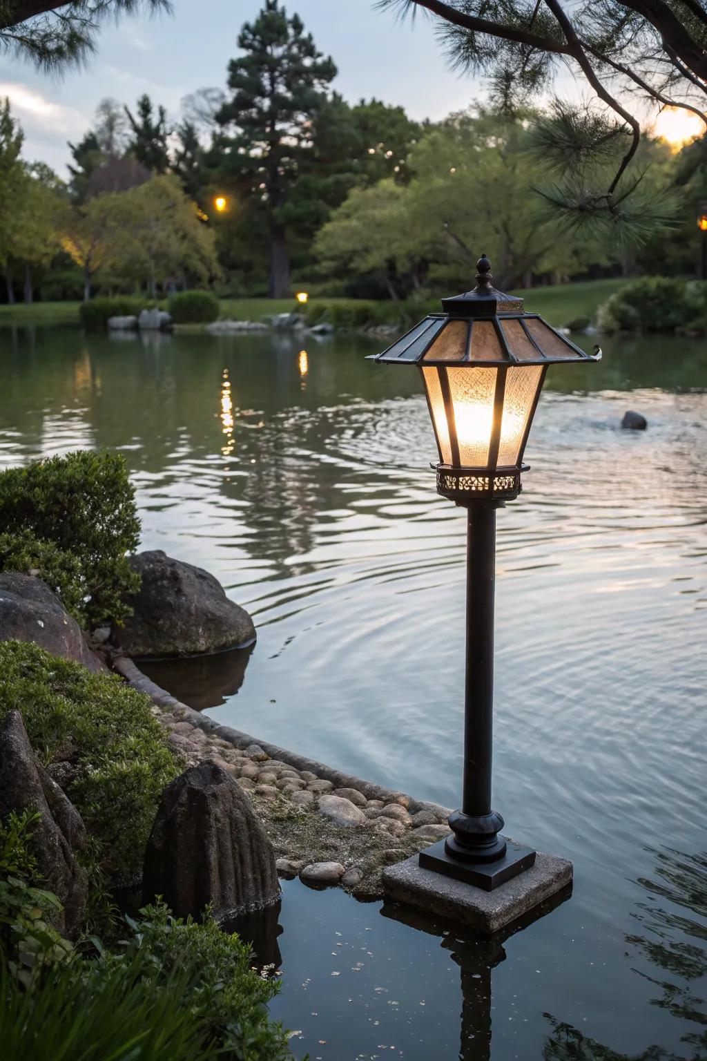 Floating lamp posts offer a unique and serene lighting effect.