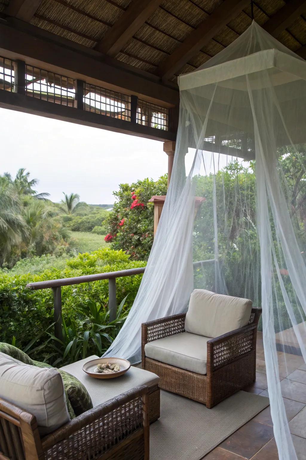 A lanai with mosquito netting for a comfortable, bug-free environment.