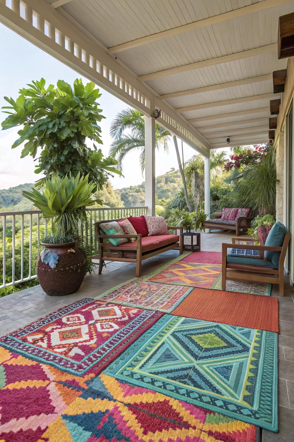 Outdoor rugs help create distinct privacy zones on your lanai.
