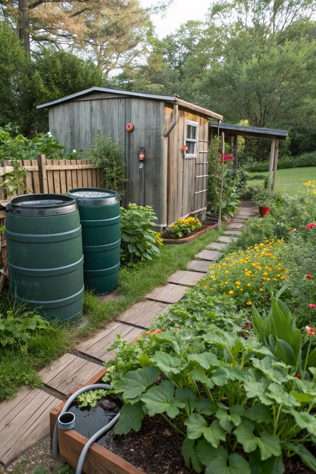 A garden embracing sustainability with eco-friendly practices.